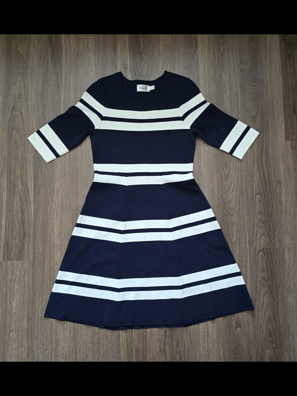 Eliza J Navy and White Striped Fit-and-Flare Midi Dress